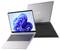 Open silver laptop displaying a blue abstract pattern on screen, next to a closed laptop with the brand name visible on the lid.