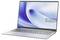 Laptop with a sleek design and a swirling blue abstract screen saver, positioned at an angle, showing the full keyboard and display.