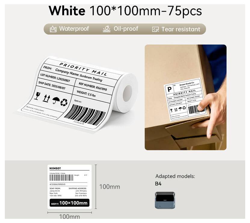 Product ad for white 100×100 mm shipping labels, 75 pcs; waterproof, oil-proof, tear-resistant; shown on a roll and applied to a parcel.<br>