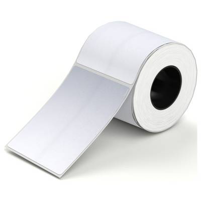 Roll of blank white adhesive labels or stickers, with one label peeled out and extended forward.