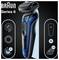 Electric shaver ad featuring the Braun Series 6 model, highlighting 'SensoFlex' technology, ergonomic design, and hair removal features.