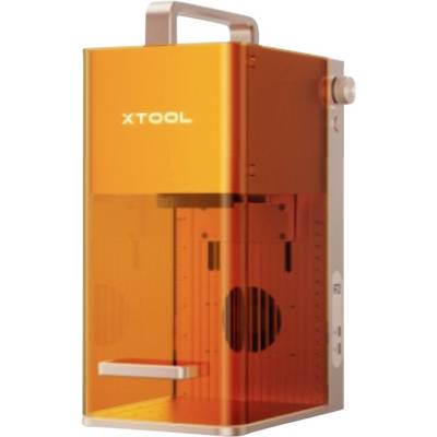 Orange xTool laser engraver or cutter with transparent front cover and top handle, shown in a product-style view.