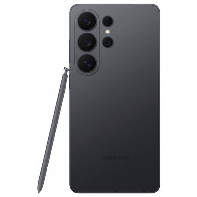 A sleek black smartphone with three large rear cameras arranged vertically and one smaller sensor. An S Pen stylus is positioned alongside.