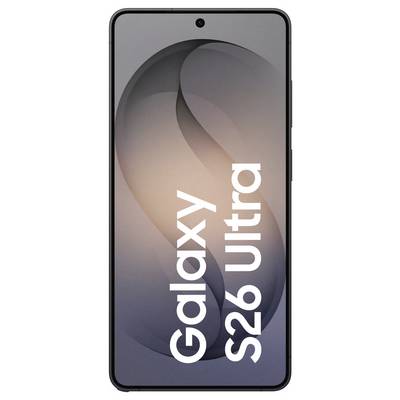 Smartphone front view displaying 'Galaxy S26 Ultra' text on screen with a gradient background, highlighting the phone's sleek design.