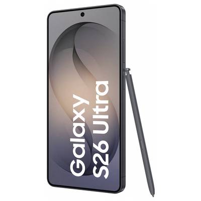 Smartphone titled 'Galaxy S26 Ultra' displayed vertically with a stylus alongside, featuring a sleek, modern design.