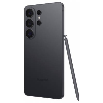 A black smartphone with three rear cameras and an S Pen stylus positioned alongside it.