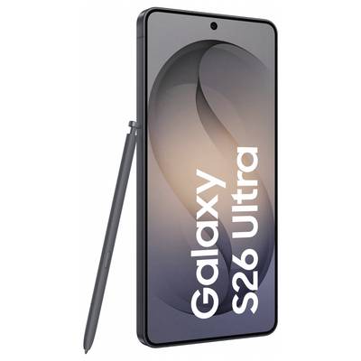 'Galaxy S26 Ultra' smartphone with large screen, thin bezels, and stylus pen. The display shows a subtle abstract background.
