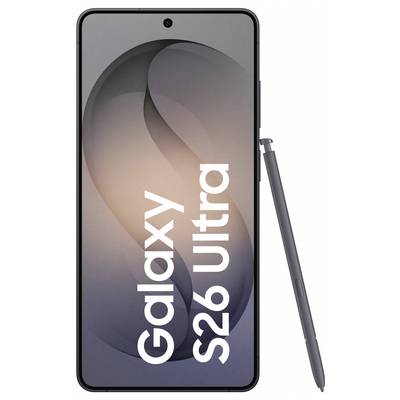 Smartphone displaying the text 'Galaxy S26 Ultra', with a stylus beside it, showcasing the screen and design features.