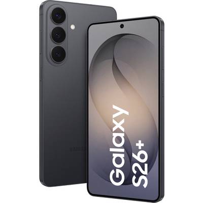 A sleek black smartphone with three rear cameras and a screen displaying 'Galaxy S26+' in bold letters, showcasing modern design.