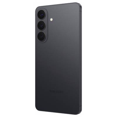 A sleek, black smartphone with three rear cameras and a flash, showcasing a minimalist design.