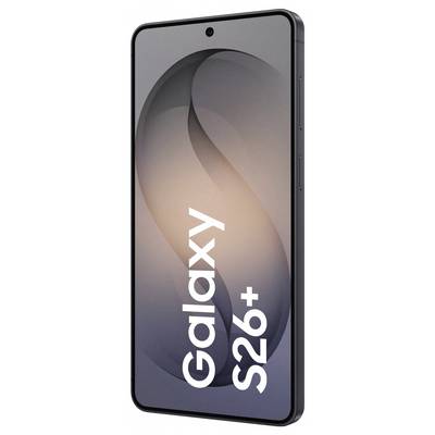A smartphone with a large display showing 'Galaxy S26+' on the screen, featuring a sleek design with minimal bezels and a single front camera.