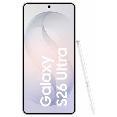 A sleek smartphone with the text 'Galaxy S26 Ultra' on the screen, accompanied by a white stylus pen on the right side.