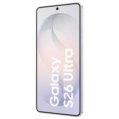 Smartphone with a sleek design, featuring a minimal bezel display. Text on screen reads 'Galaxy S26 Ultra'.