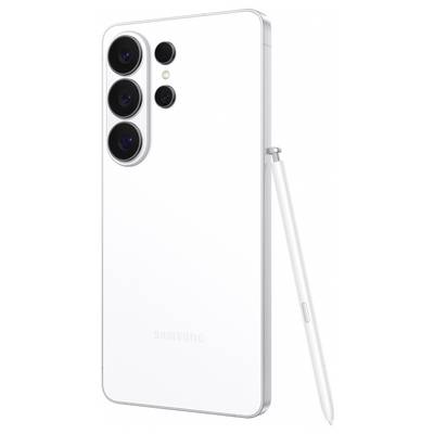 A white smartphone with three rear cameras, a smaller sensor, and an S Pen placed beside it.