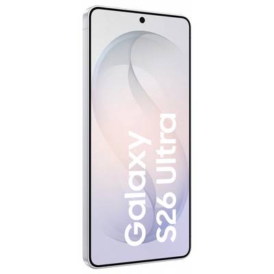 Smartphone with edge-to-edge display showing text 'Galaxy S26 Ultra' on the screen.