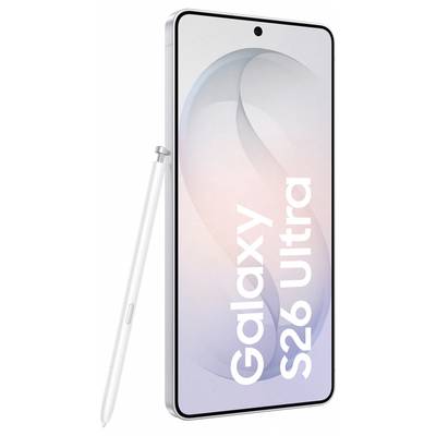 Smartphone with 'Galaxy S26 Ultra' text on screen, featuring sleek design and stylus.