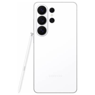 A white smartphone with three large camera lenses and two smaller sensors on the back, alongside a stylus pen positioned vertically.