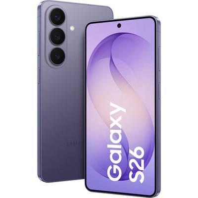 Front and back view of a smartphone labeled 'Galaxy S26,' featuring three rear cameras and a sleek design.
