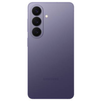 A smartphone with a sleek design in a matte lavender color is shown from the back, featuring three rear cameras and a flash.