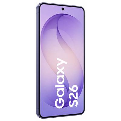 A sleek smartphone with a large, bezel-less display and the text 'Galaxy S26' on the screen against a gradient purple background.