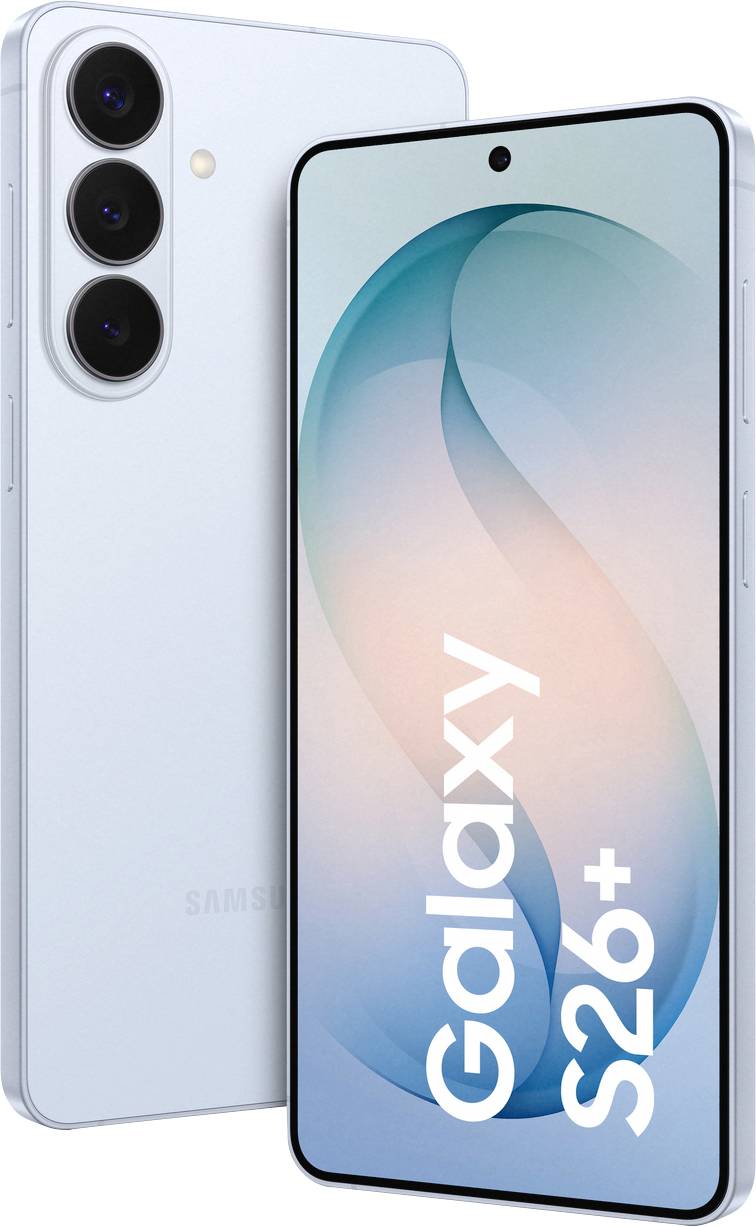 Two Galaxy S26+ phones, one showing the front with 'Galaxy S26+' on the screen, the other showing the back with three cameras.