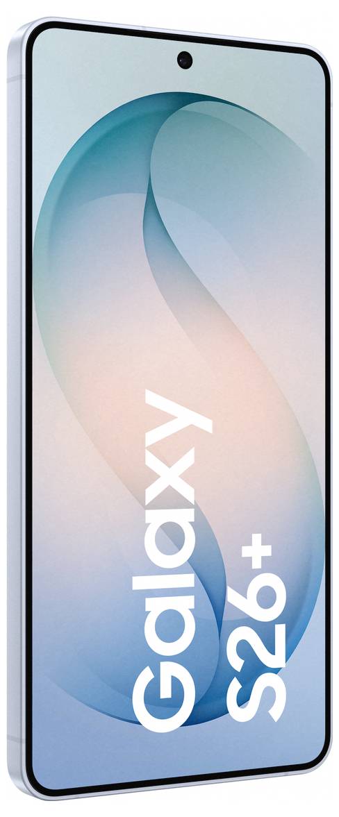 A smartphone showing the 'Galaxy S26+' on its screen with a gradient blue and peach background, indicating the phone model.