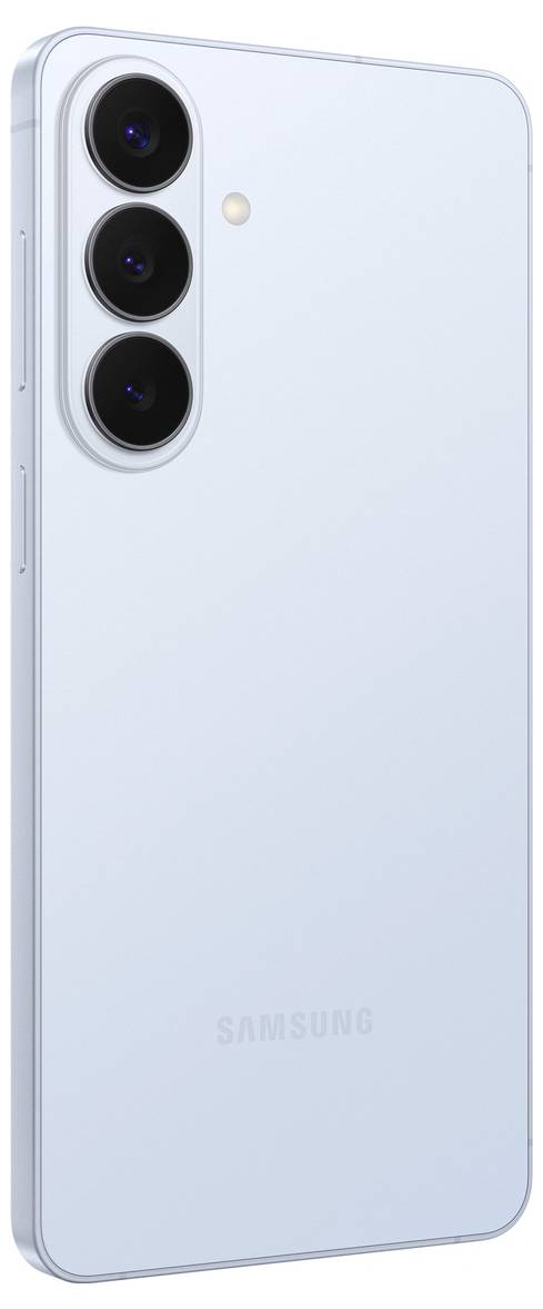 Back view of a slim, light blue smartphone with three vertically aligned rear cameras and a small flash next to them.