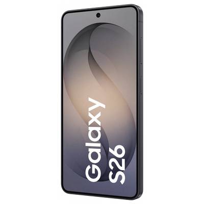 Samsung Galaxy S26 smartphone with a sleek black design, featuring a large display and 'Galaxy S26' text in white on the screen.