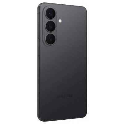 A black smartphone with three rear cameras and a flash in a vertical line, featuring a simple, sleek design.