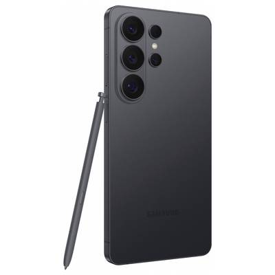A sleek, black smartphone with a quad camera setup on the back and an accompanying stylus leaning against it.