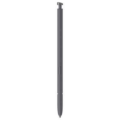 A sleek, gray stylus pen with a button in the middle is shown vertically against a plain background.