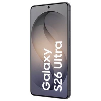 A sleek smartphone titled 'Galaxy S26 Ultra' with a minimalist design and large screen displaying abstract art.