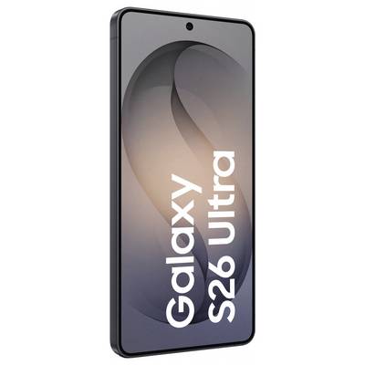 A sleek smartphone with a large, edge-to-edge display that reads 'Galaxy S26 Ultra.' The phone has a thin bezel and a modern design.