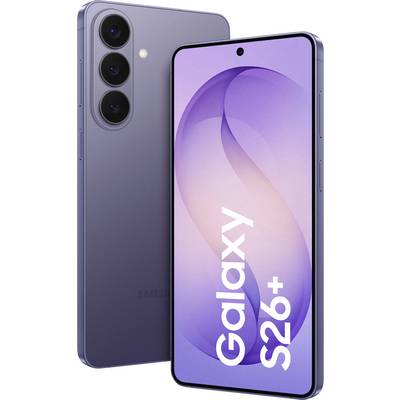 A smartphone with a triple-camera setup is displayed next to its screen showing 'Galaxy S26+' with a purple background.
