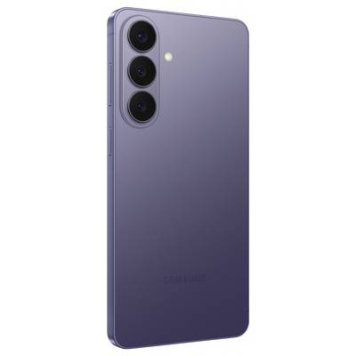 A sleek, purple smartphone with three rear cameras aligned vertically and the Samsung logo at the bottom.