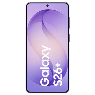 A smartphone with a large display showing an abstract purple spiral design and the text 'Galaxy S26+' on the screen.