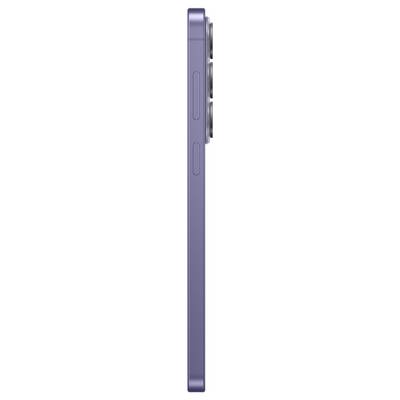 Side view of a purple smartphone, showing volume buttons and protruding triple camera lenses.