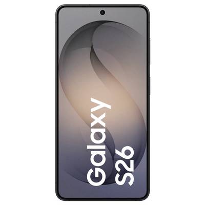 A smartphone with a full-screen display. The screen shows the text 'Galaxy S26' with a sleek, abstract design in the background.