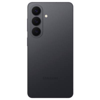 The image shows the back of a black smartphone featuring three vertical camera lenses to the left and a flash above them.