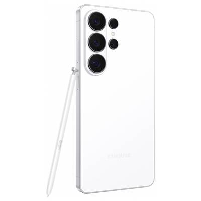 A white smartphone with three rear cameras and an adjacent stylus pen, viewed from the back.