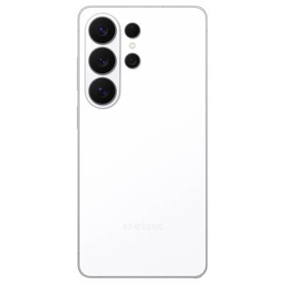 A white smartphone with four camera lenses and a Samsung logo on the back.