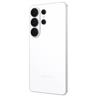 A white smartphone with three rear cameras and a minimalistic design, showcasing the back view.