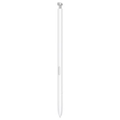 A sleek, white stylus pen with a button and a metallic tip, designed for use with touchscreen devices. Vertical orientation, minimalistic design.