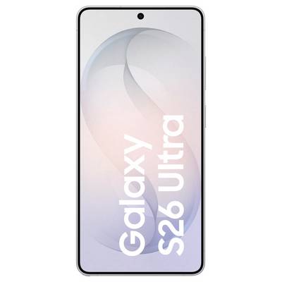 A smartphone with a large display showing abstract pastel colors. The text 'Galaxy S26 Ultra' appears vertically on the screen.