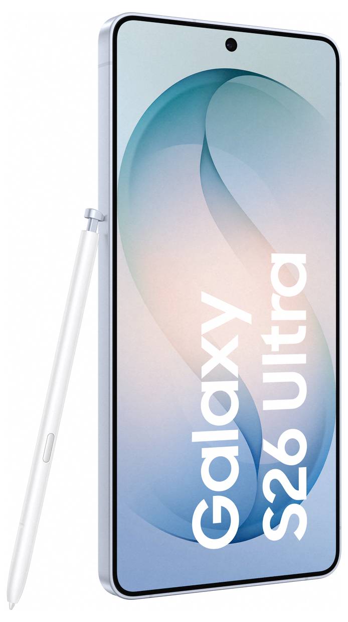Smartphone featuring a stylus pen alongside. The screen displays the text 'Galaxy S26 Ultra' with a sleek, modern design.