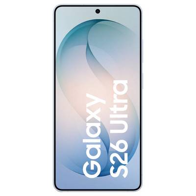 Front view of a smartphone with a screen displaying a large 'S' design and the text 'Galaxy S26 Ultra' in bold white letters.