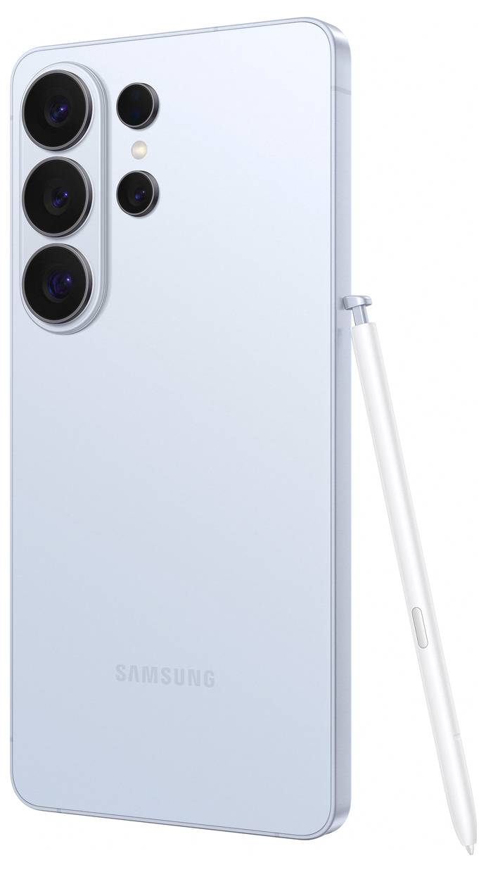 A light blue Samsung smartphone with three rear cameras and an S Pen attached to the side, showcasing sleek design and functionality.