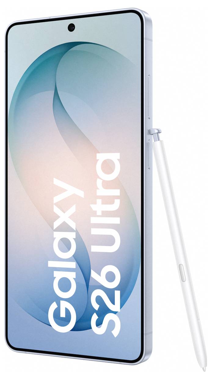 Smartphone with a light blue casing, labeled 'Galaxy S26 Ultra,' featuring a large screen and a stylus attached to the side.