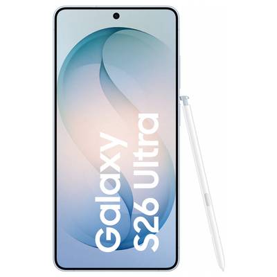 A smartphone with a large display shows the text 'Galaxy S26 Ultra' on its screen. A stylus is positioned to the right.