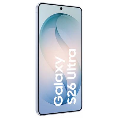 'Samsung Galaxy S26 Ultra smartphone with a sleek design and curved screen, displaying the text "Galaxy S26 Ultra" in bold white letters.'
